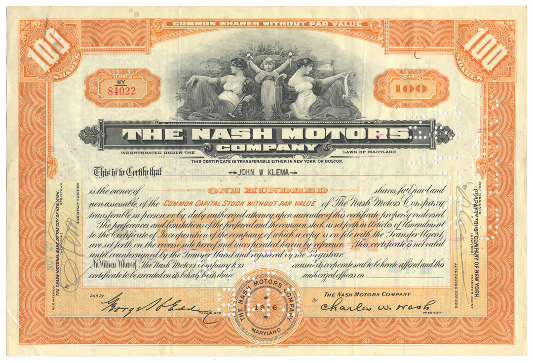 Nash Motors Company Stock Certificate