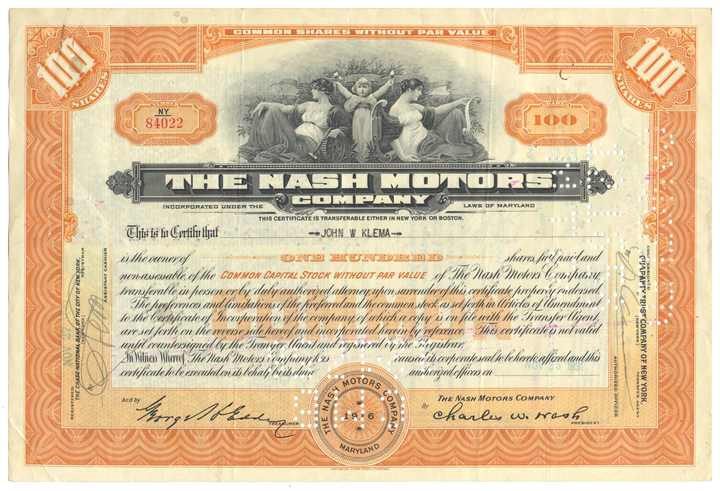 Nash Motors Company Stock Certificate