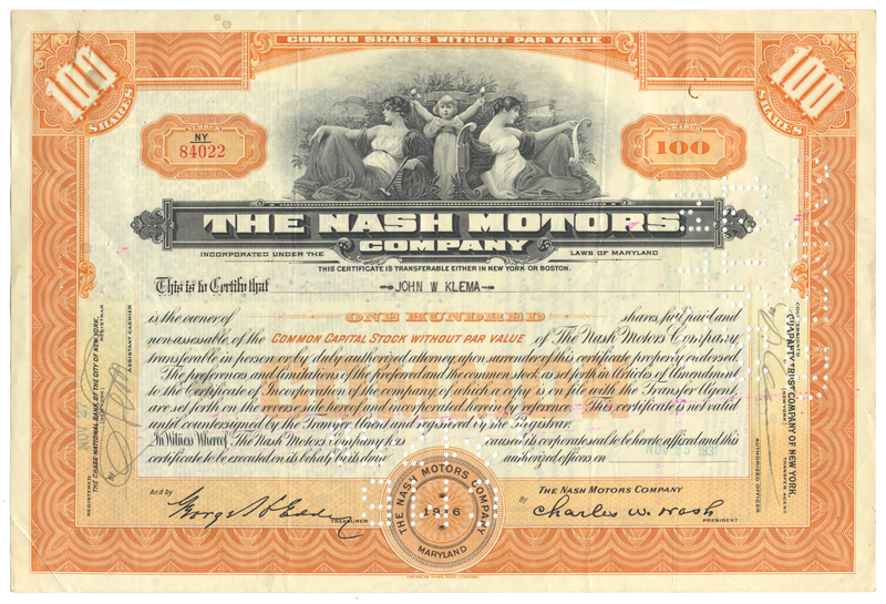 Nash Motors Company Stock Certificate