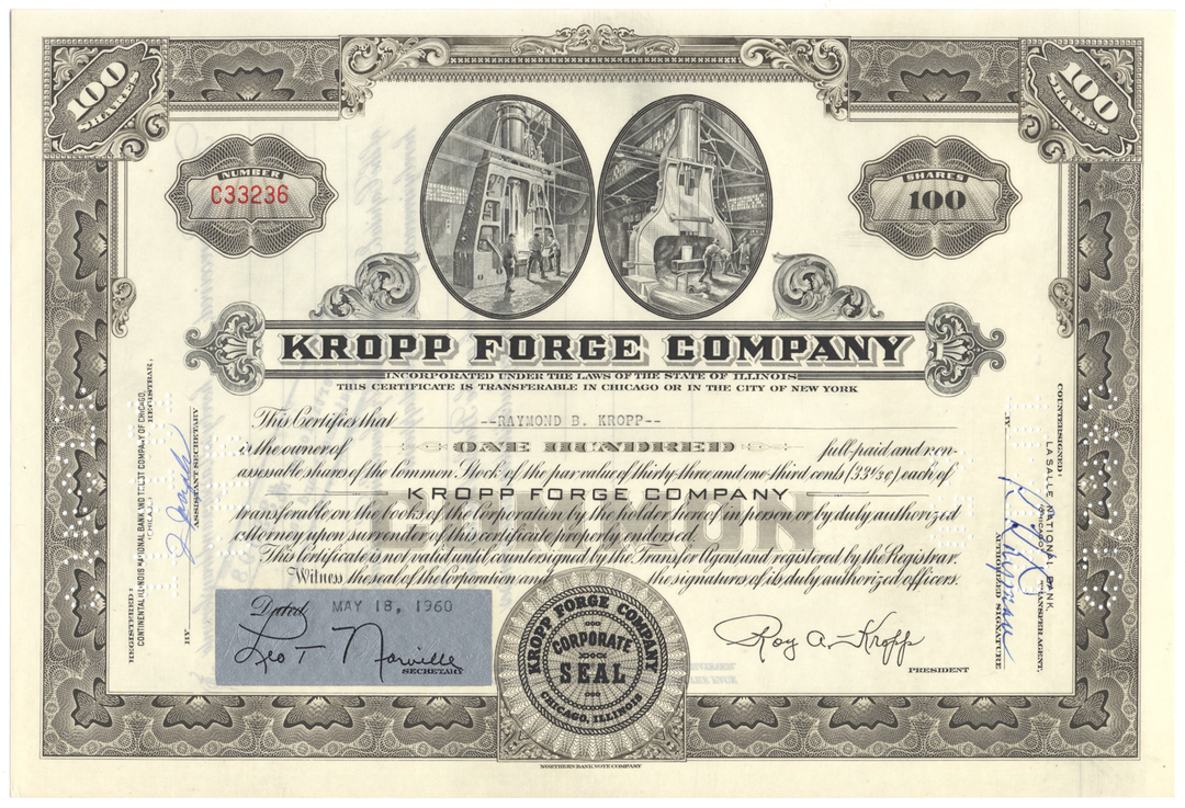 Kropp Forge Company Stock Certificate