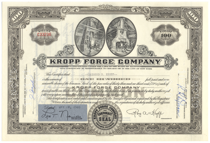 Kropp Forge Company Stock Certificate