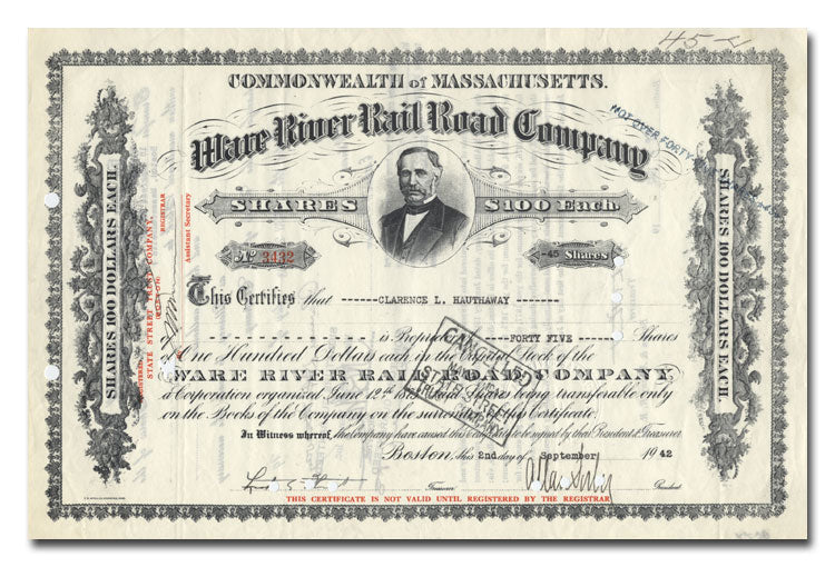 Rare River Rail Road Company stock certificate from the Commonwealth of Massachusetts