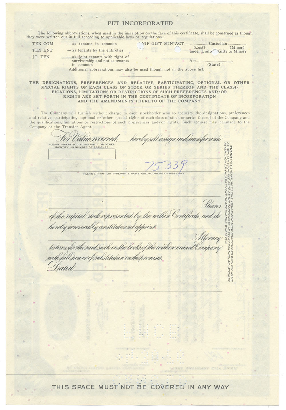 Pet Incorporated Stock Certificate