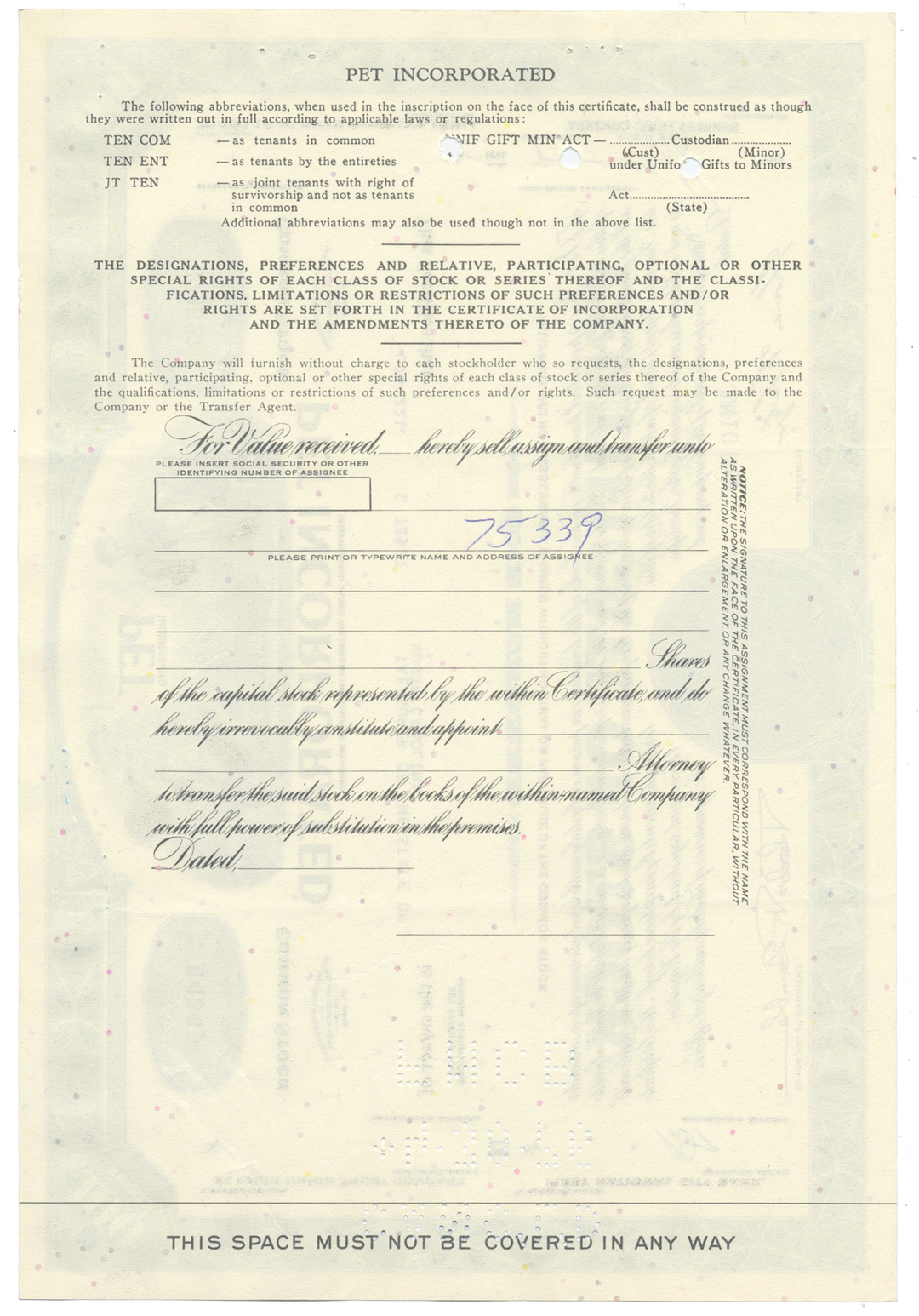 Pet Incorporated Stock Certificate