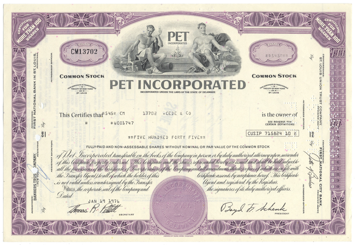 Pet Incorporated Stock Certificate