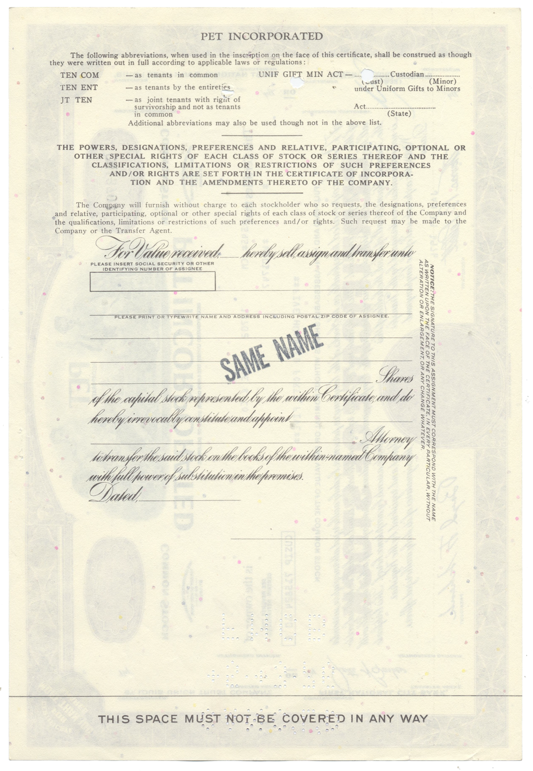 Pet Incorporated Stock Certificate