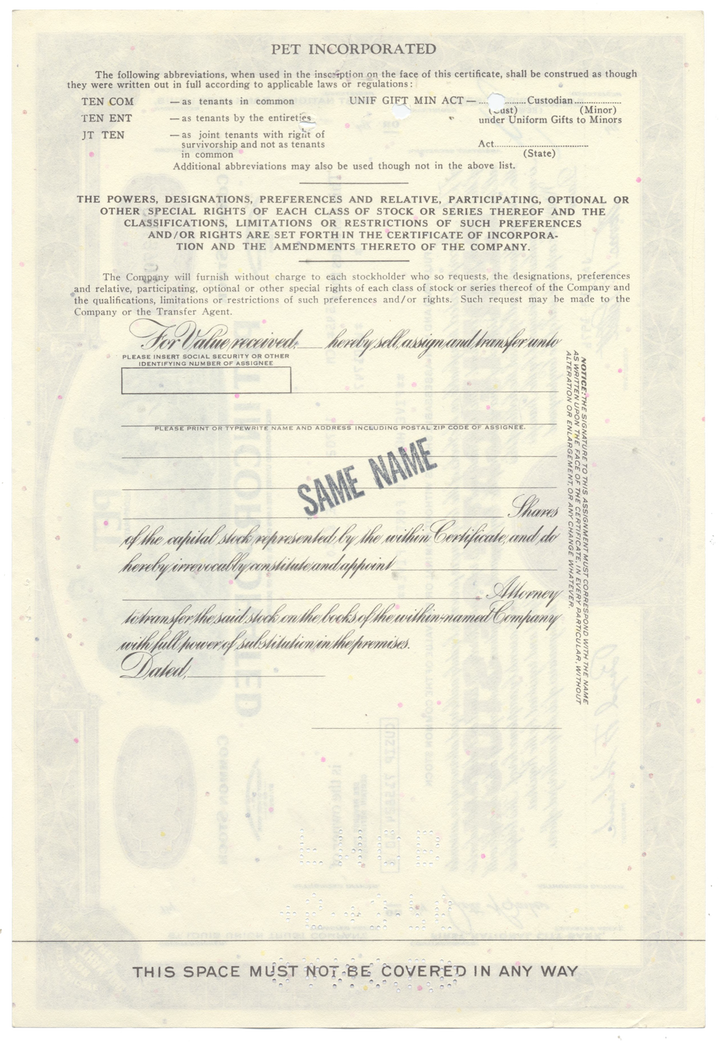 Pet Incorporated Stock Certificate