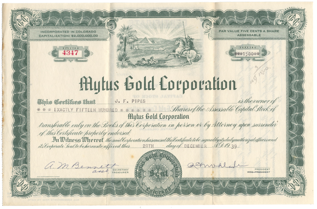 Mytus Gold Corporation Stock Certificate