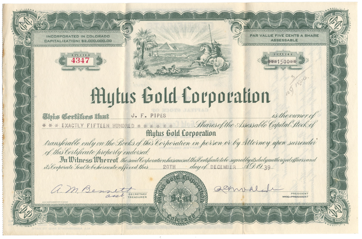 Mytus Gold Corporation Stock Certificate