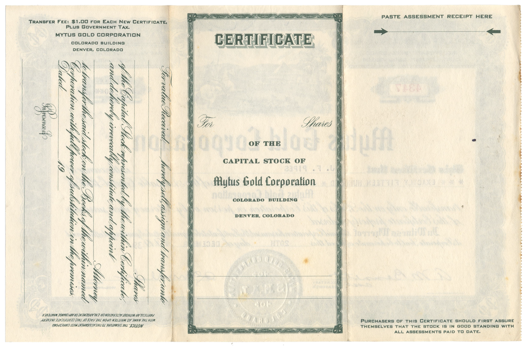 Mytus Gold Corporation Stock Certificate