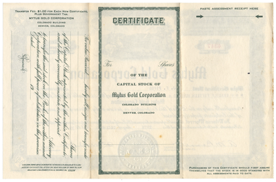 Mytus Gold Corporation Stock Certificate