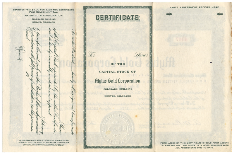 Mytus Gold Corporation Stock Certificate