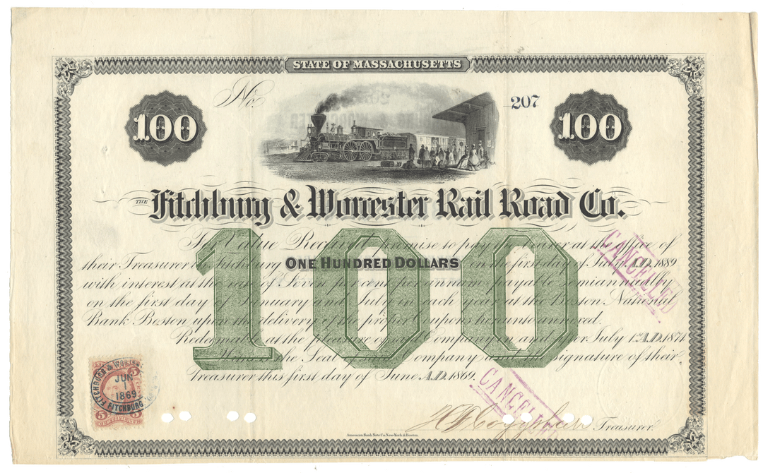 Historical railroad bond certificate from the Fitchburg & Worcester Rail Road Co. from 1869