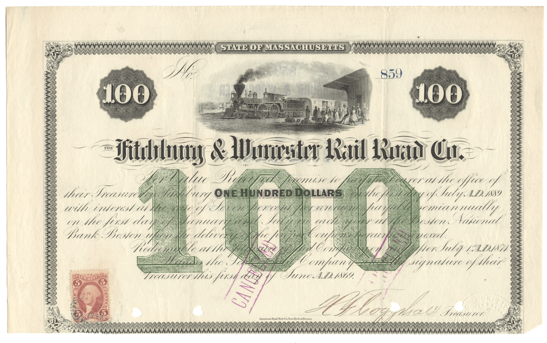 Historical bond certificate from Fitchburg & Worcester Railroad Co. with a steam locomotive illustration dated 1869