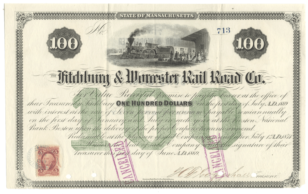 Historical railroad bond certificate from the State of Massachusetts for the Fitchburg & Worcester Rail Road Co. dated 1869
