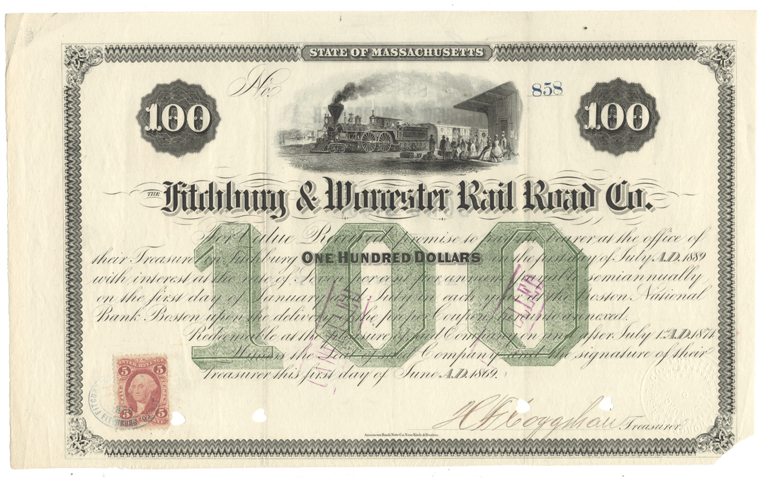 A vintage Fitchburg & Worcester Rail Road Company bond certificate from 1869