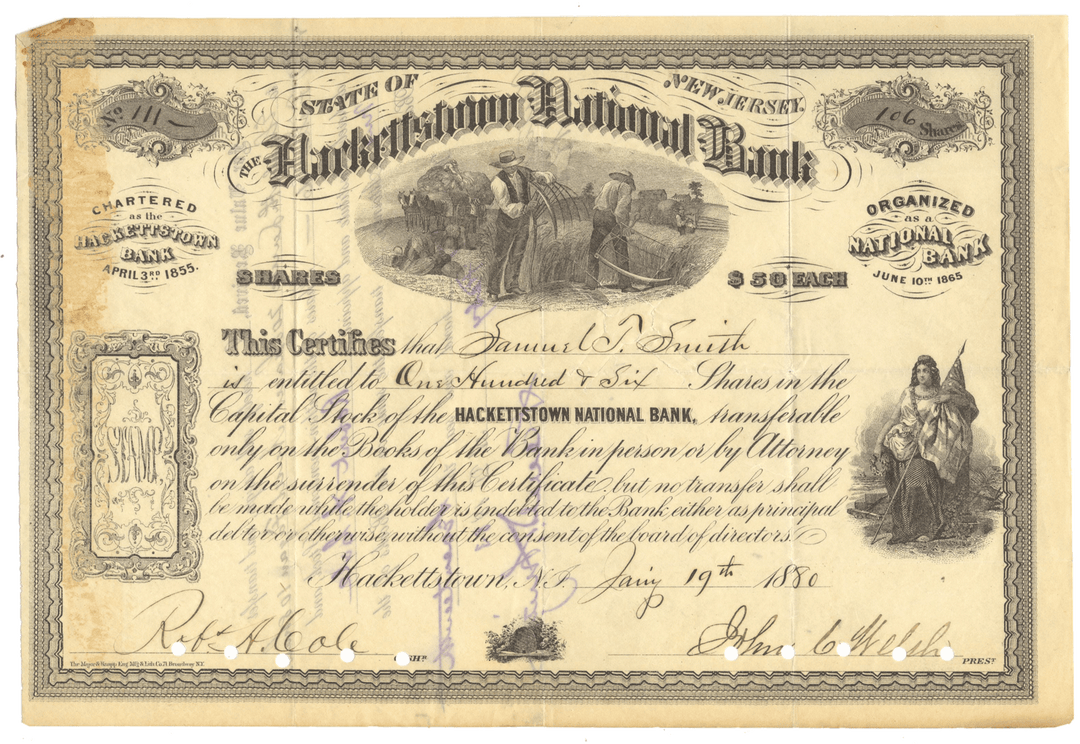 Historical stock certificate from Hackettstown National Bank from 1880