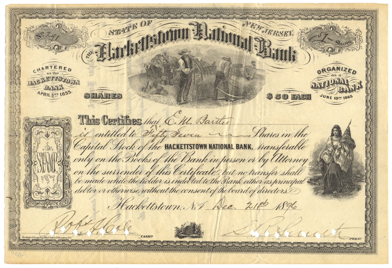 Hackettstown National Bank Stock Certificate
