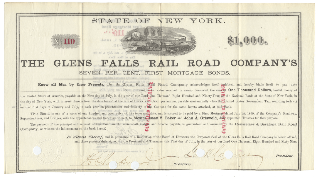 An antique bond certificate from the Glens Falls Rail Road Company dating back to 1869