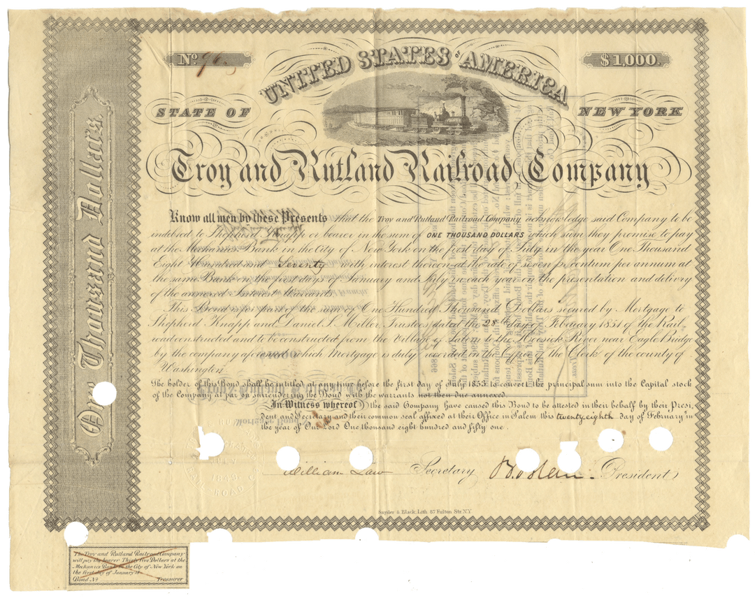 Historical bond certificate of the Troy and Rutland Railroad Company from 1851