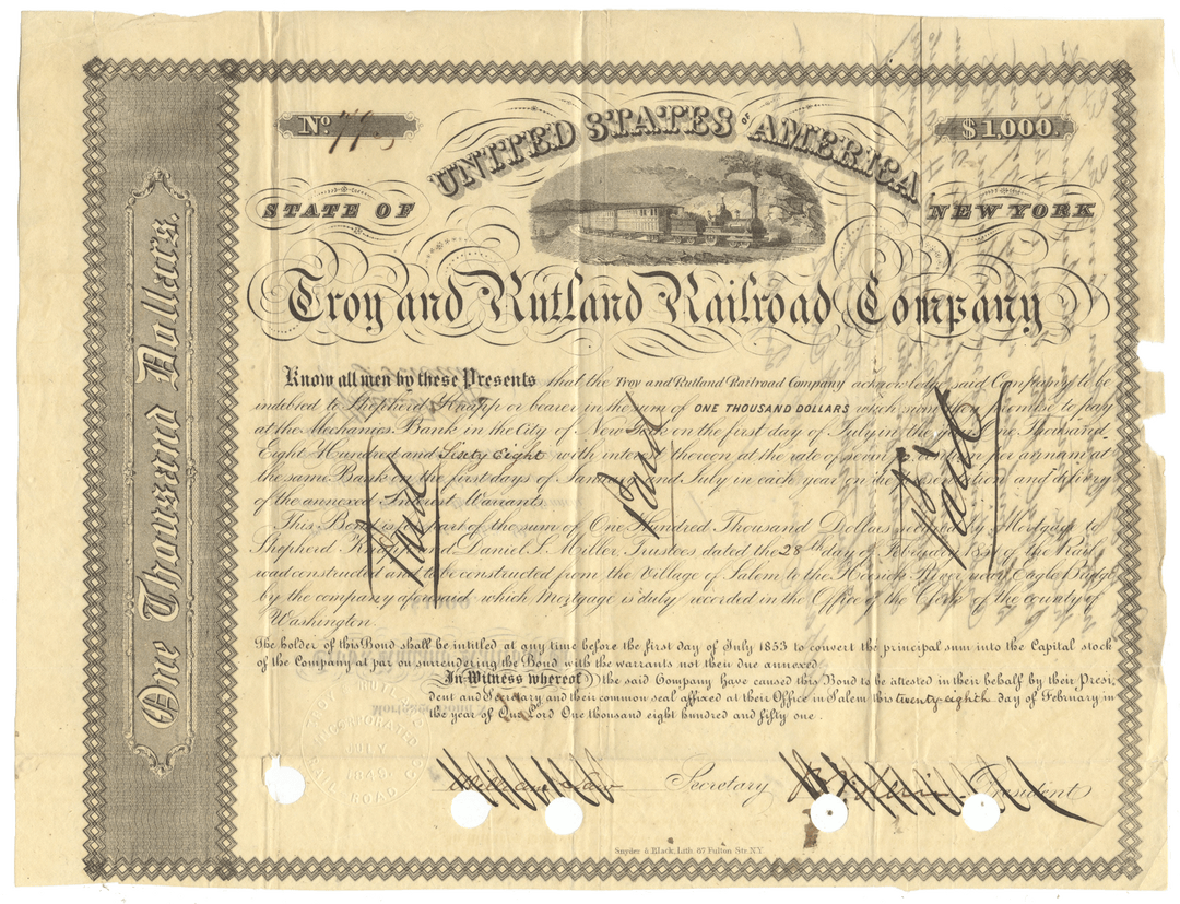 An antique one thousand dollar bond certificate from the Troy and Rutland Railroad Company, dated 1851
