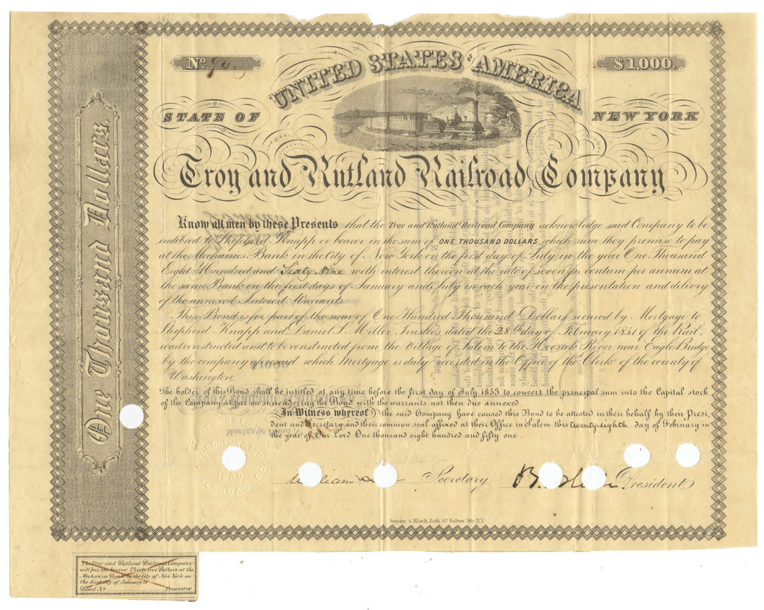 A vintage bond certificate from the Troy and Rutland Railroad Company, dated 1851
