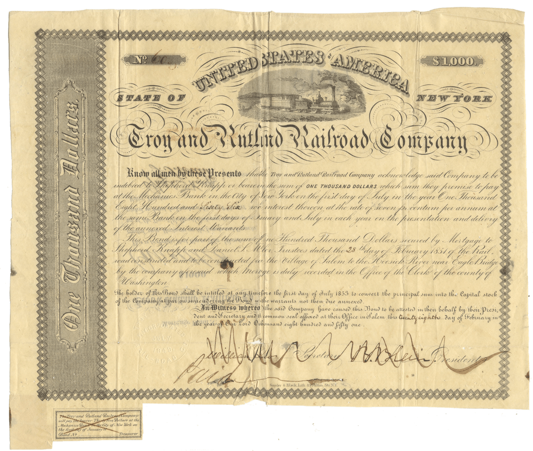 Antique Troy and Rutland Railroad Company bond certificate dated 1851
