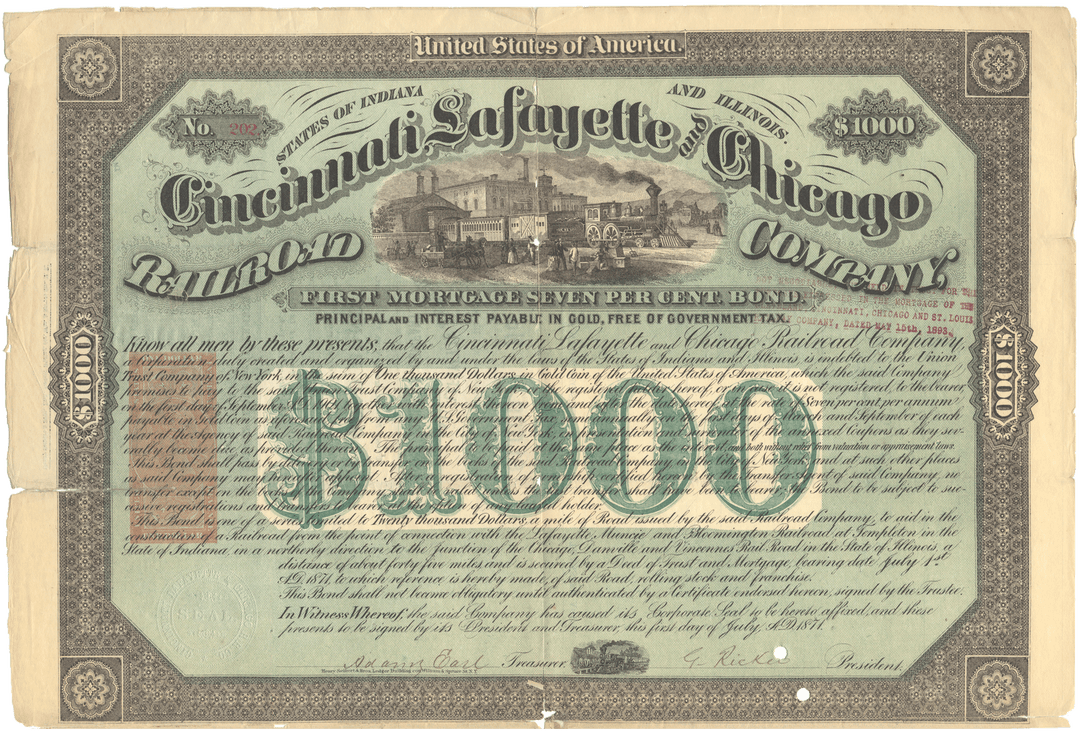 Cincinnati, Lafayette and Chicago Railroad Company bond certificate from 1873 Signed by Adams Earl