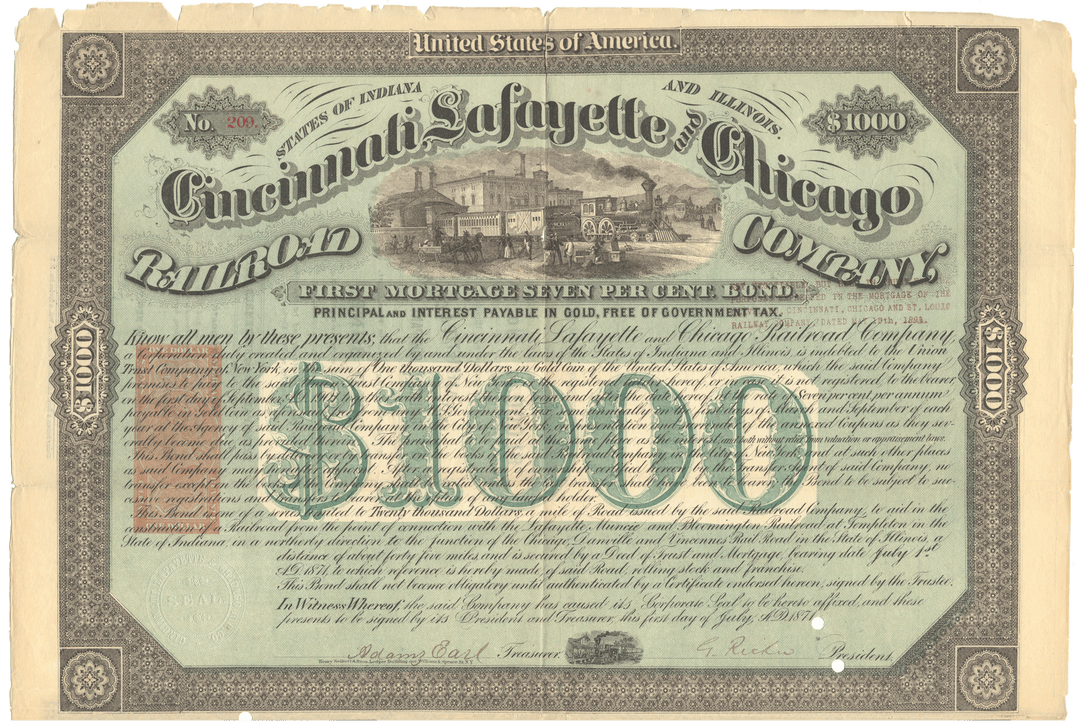 Antique bond certificate from the Cincinnati, Lafayette and Chicago Railroad Company Signed by Adams Earl and dated 1873