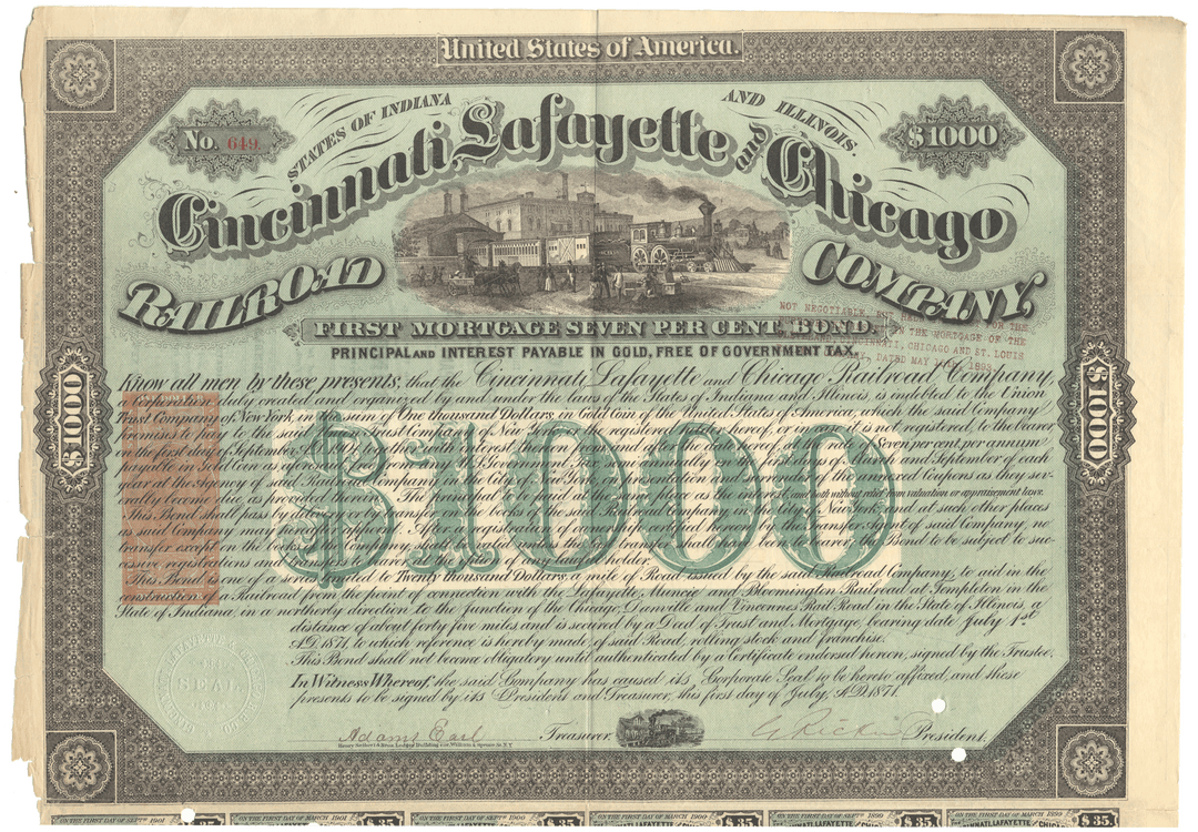 Cincinnati, Lafayette and Chicago Railroad Company bond certificate Signed by Adams Earl and dated 1873