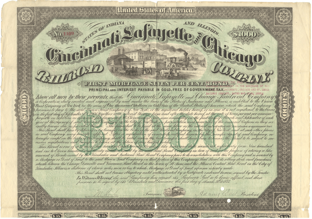 Cincinnati, Lafayette and Chicago Railroad Company bond certificaate from 1873 Signed by Adams Earl