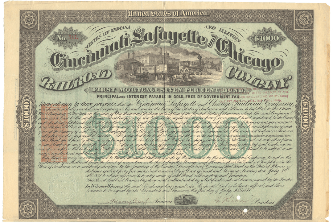 Cincinnati, Lafayette and Chicago Railroad Company bond certiifcate from 1873 Signed by Adams Earl