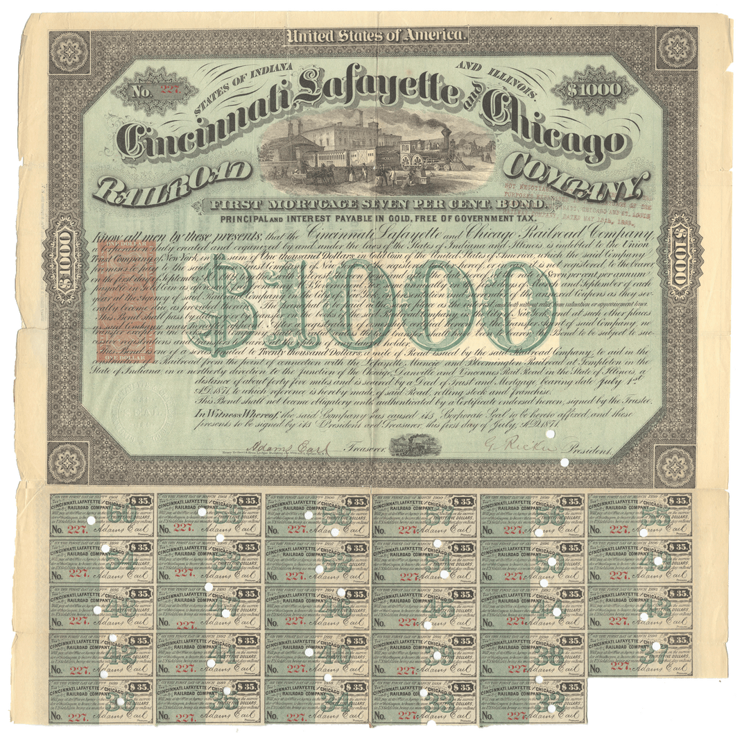 Cincinnati, Lafayette and Chicago Railroad Company Bond Certificate Signed by Adams Earl