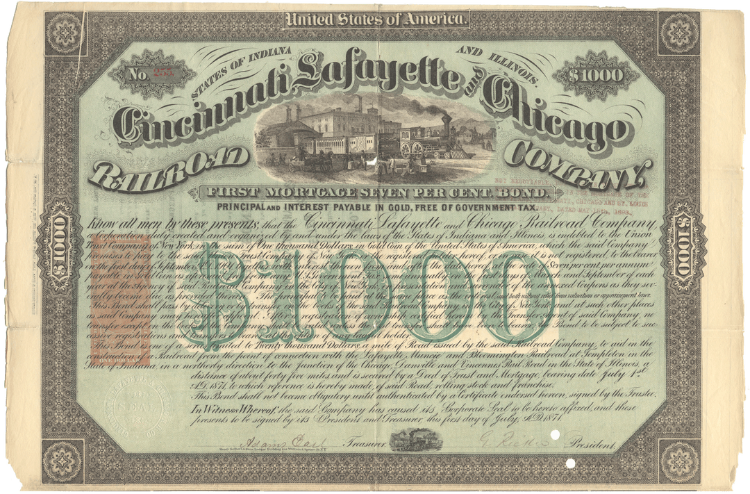 Antique Cincinnati, Lafayette and Chicago Railroad Company bond certificate from 1873 Signed by Adams Earl