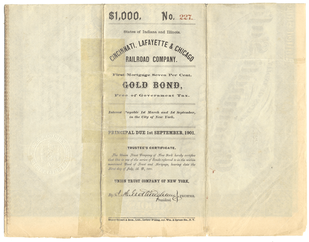 Cincinnati, Lafayette and Chicago Railroad Company Bond Certificate Signed by Adams Earl