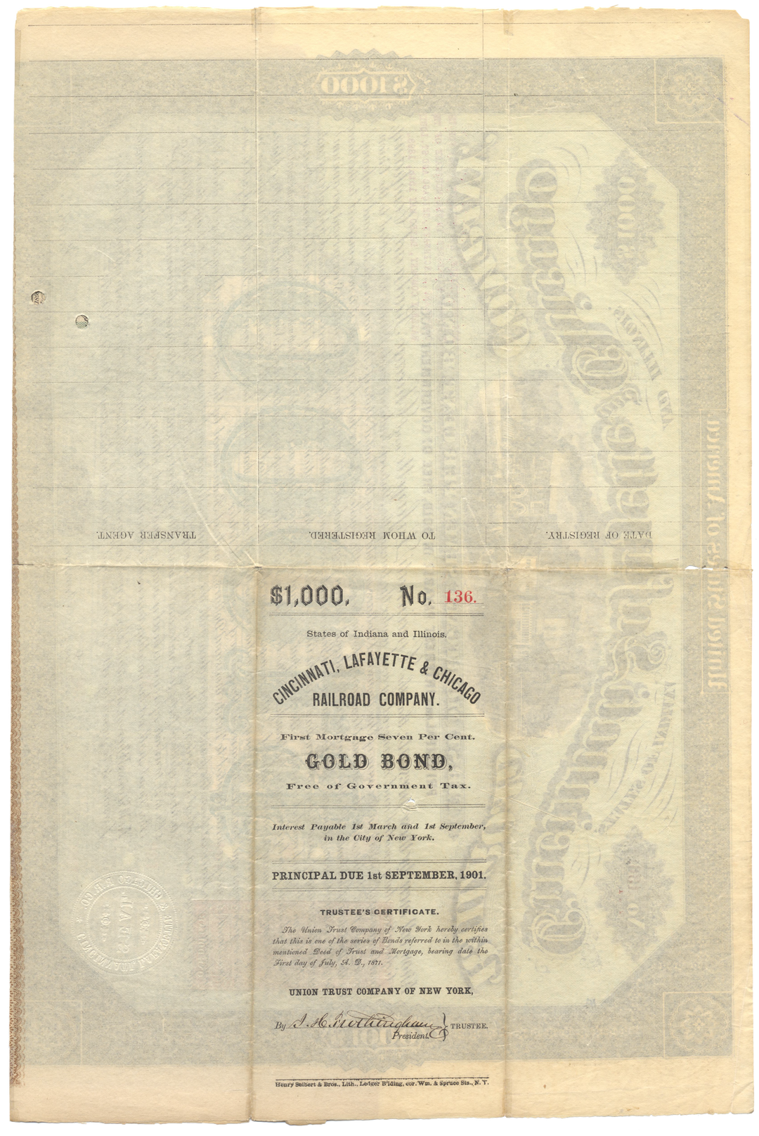 Cincinnati, Lafayette and Chicago Railroad Company Bond Certificate Signed by Adams Earl