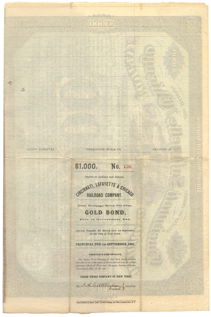 Cincinnati, Lafayette and Chicago Railroad Company Bond Certificate Signed by Adams Earl