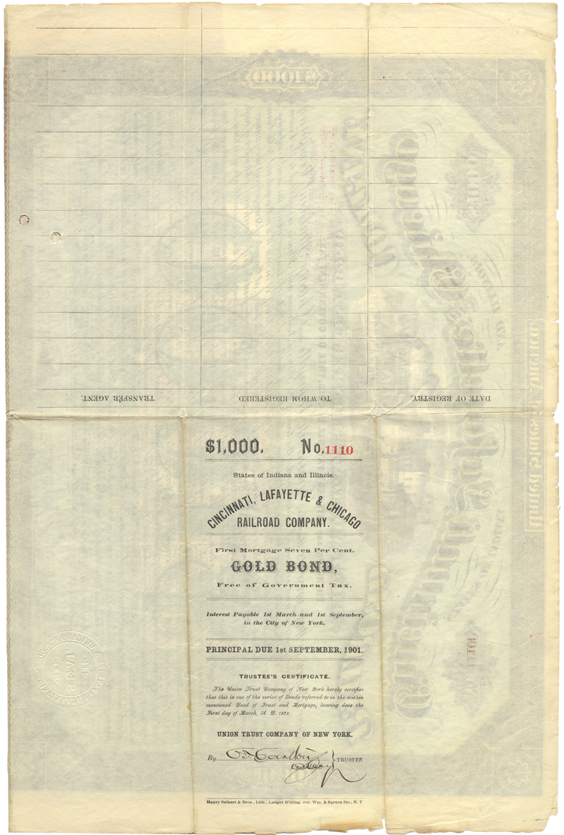Cincinnati, Lafayette and Chicago Railroad Company Bond Certificate Signed by Adams Earl