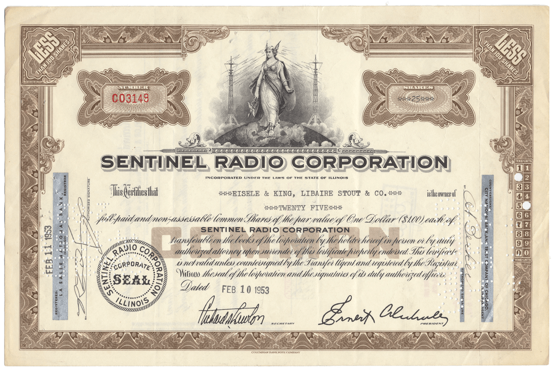 Vintage stock certificate of Sentinel Radio Corporation with decorative elements and text.