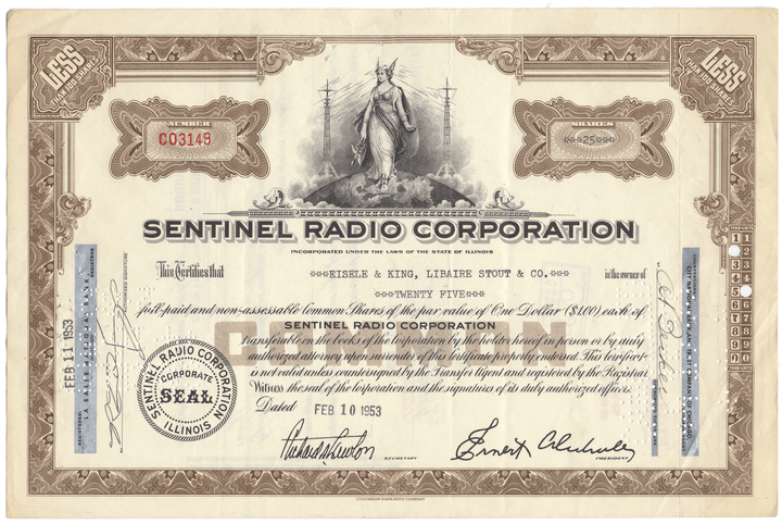 Vintage stock certificate of Sentinel Radio Corporation with decorative elements and text.