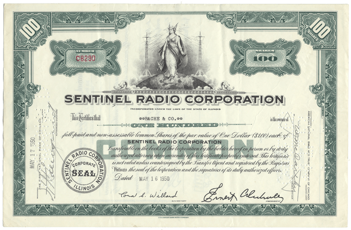 Sentinel Radio Corporation stock certificate with decorative elements and text.