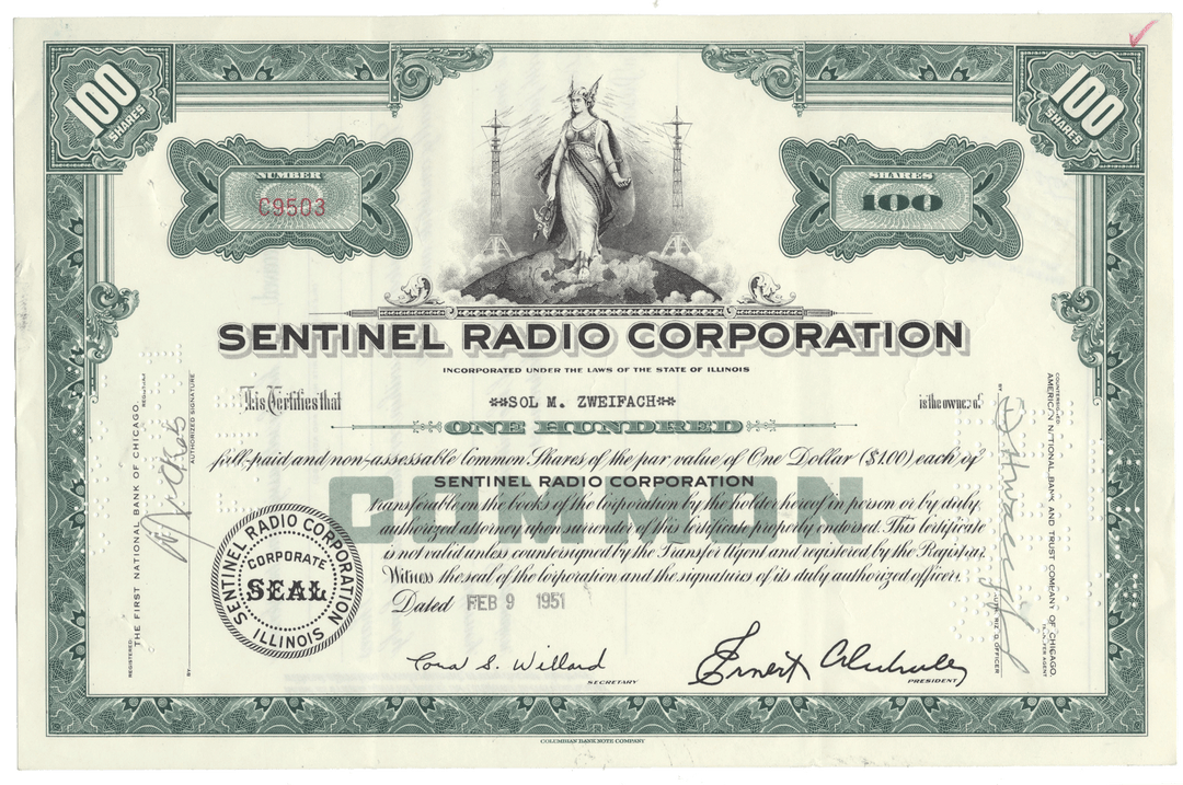 Sentinel Radio Corporation stock certificate with decorative elements and text.