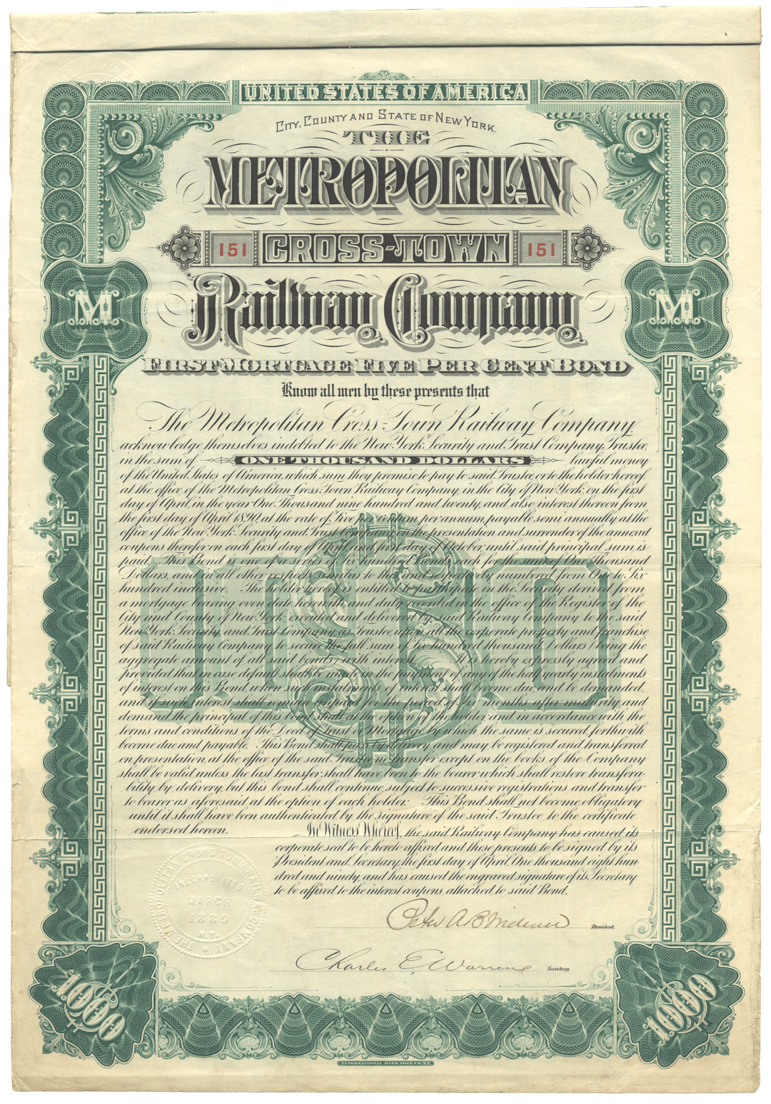 Metropolitan Cross-Town Railway Company Bond Certificate Signed by Peter AB Widener