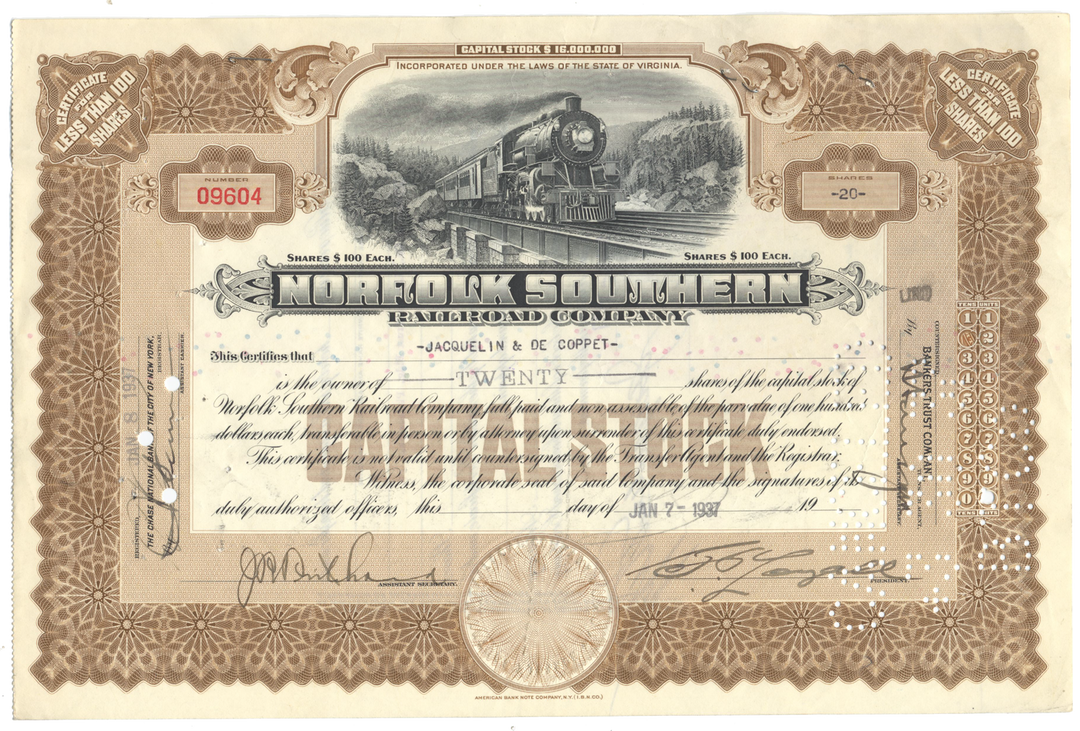 Norfolk Southern Railroad Company Stock Certificate