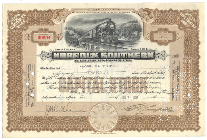 Norfolk Southern Railroad Company Stock Certificate