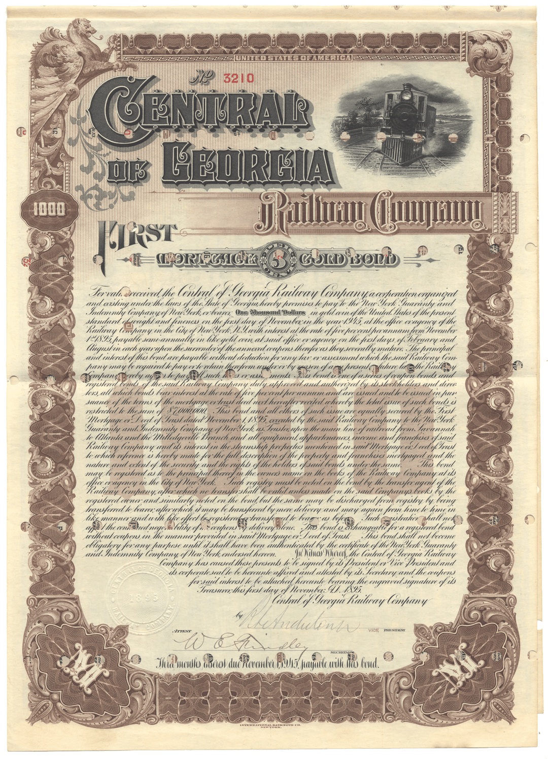 Historical bond certificate of the Central of Georgia Railroad Company with decorative elements.