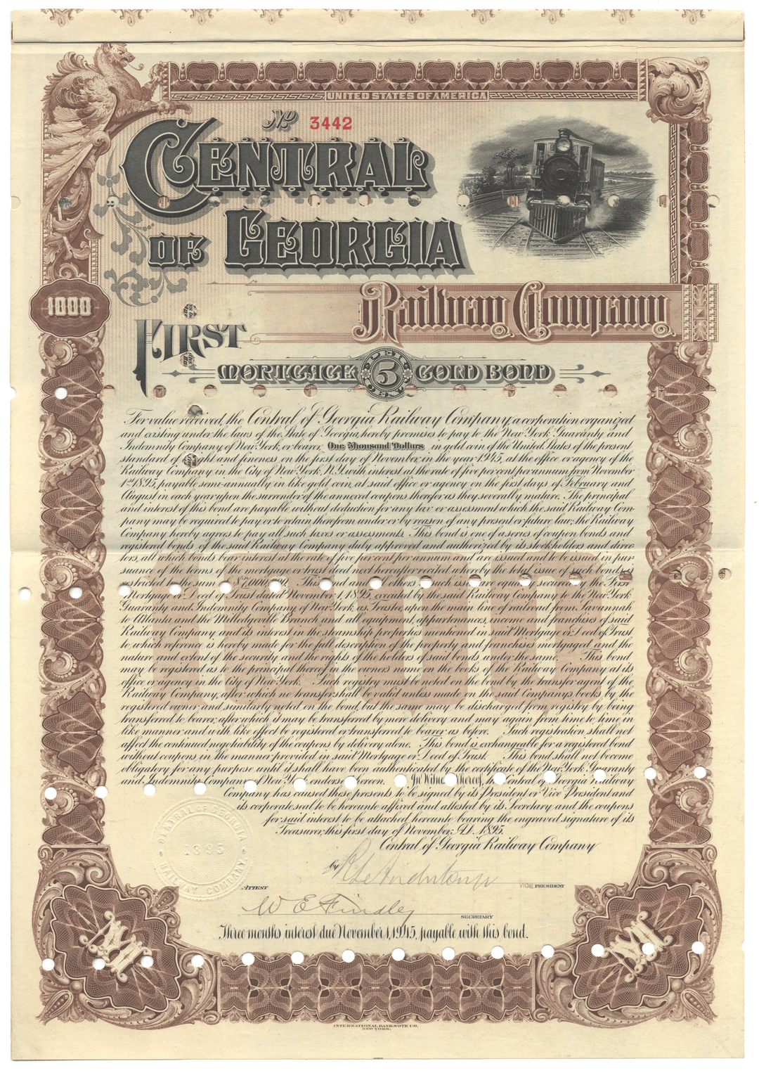 Vintage bond certificate of the Central of Georgia Railroad Company with decorative border and train illustration.