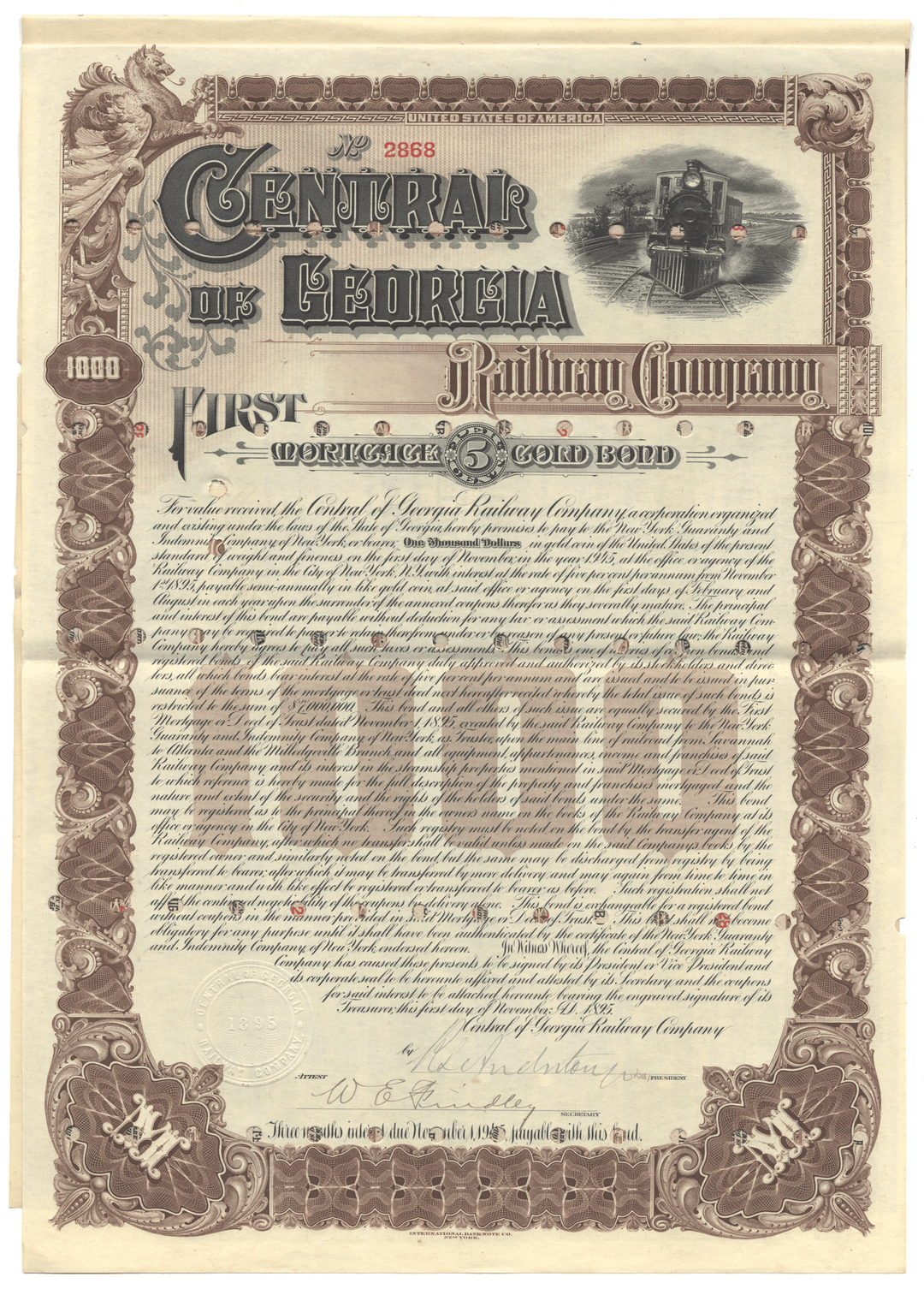 Vintage bond certificate of the Central of Georgia Railway Company with decorative border and train illustration from 1895