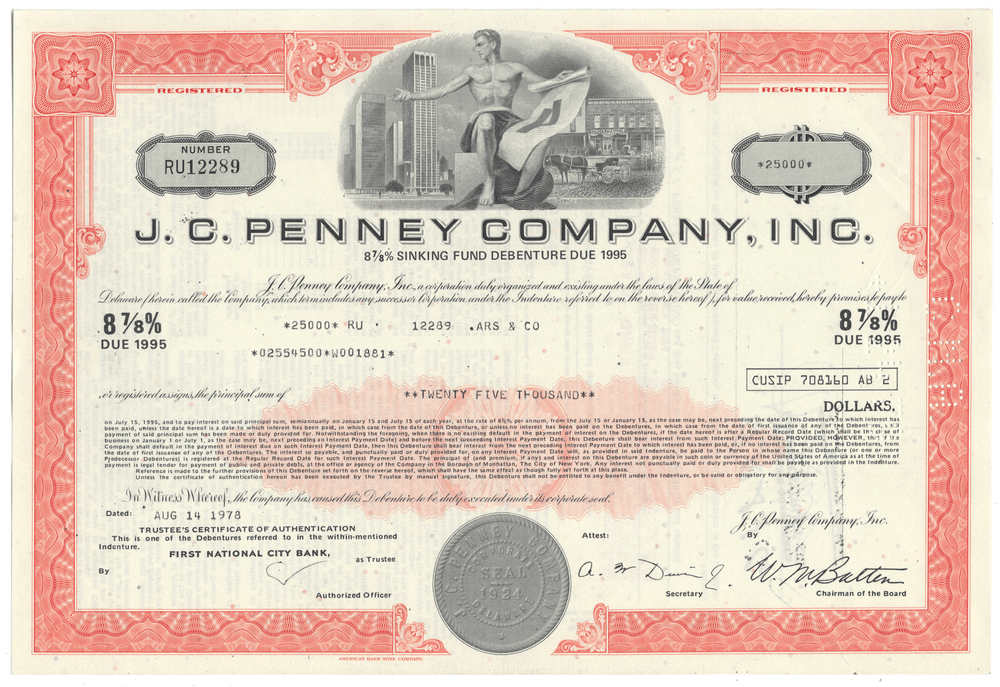 J.C. Penney Company, Inc. stock certificate with red border and central design.