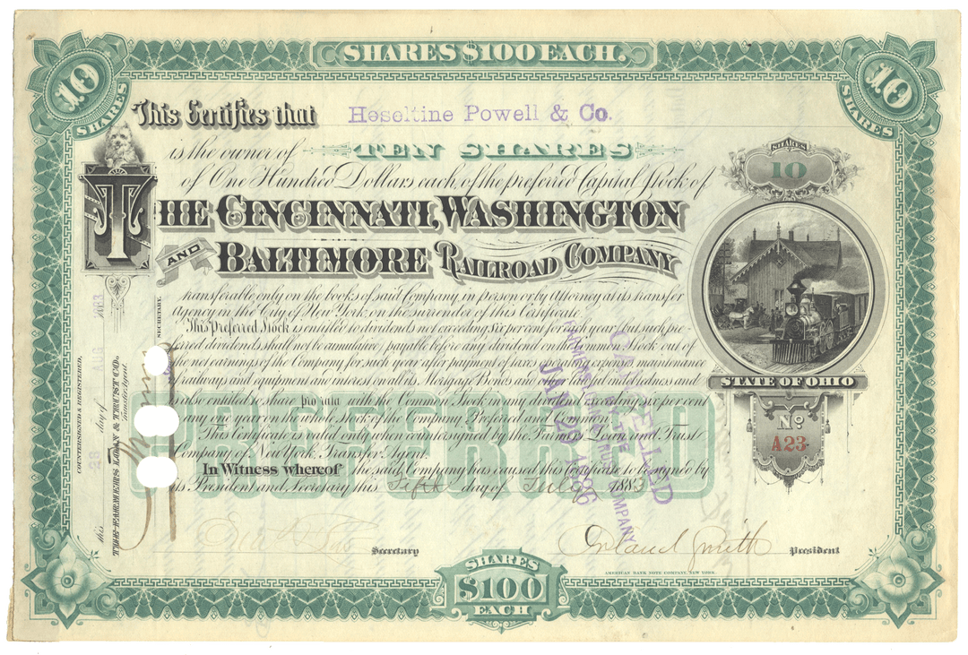 Cincinnati, Washington and Baltimore Railroad Company stock certificate from 1883 Signed by Orland Smith
